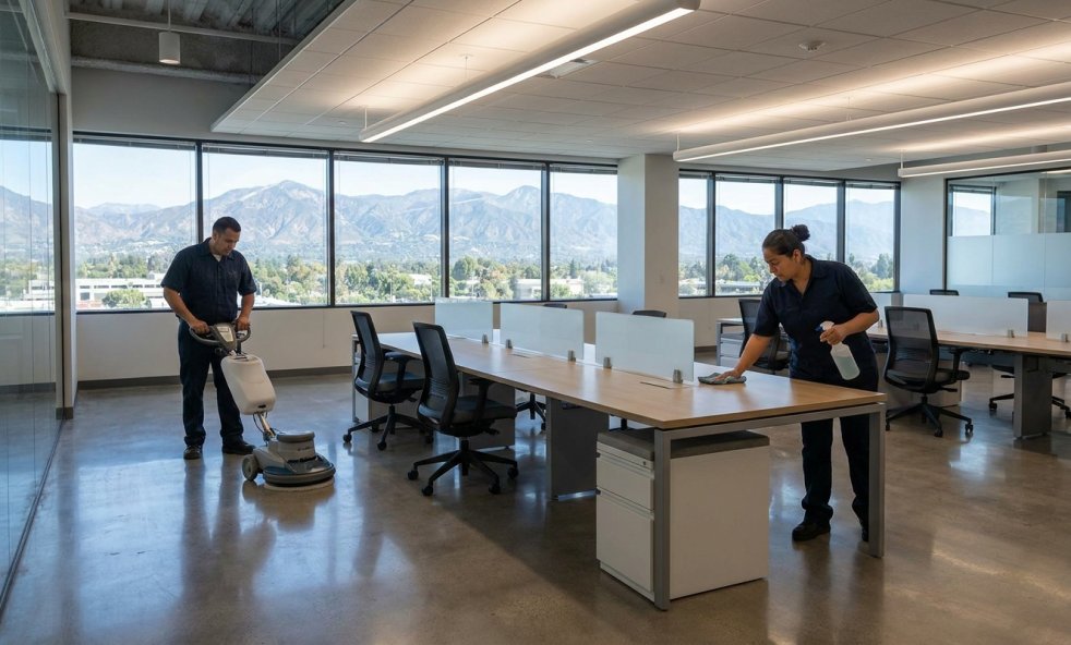 Commercial cleaning crew sanitizing desks and floor in a modern office with mountain views in Ontario, CA